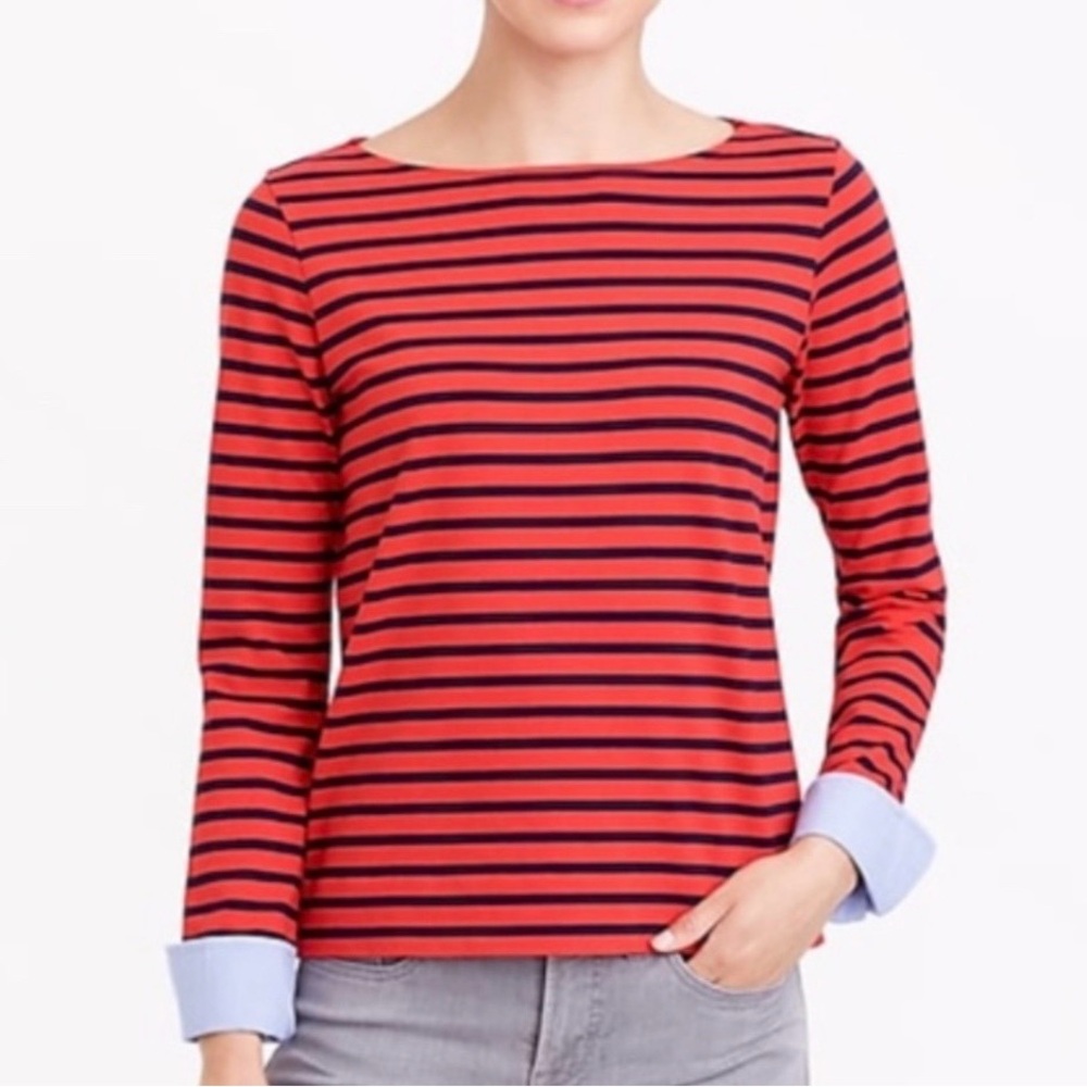 J Crew Red Black Stripe Tunic Shirt Long Sleeve Contrasting Cuffs Sz M Boat Neck
